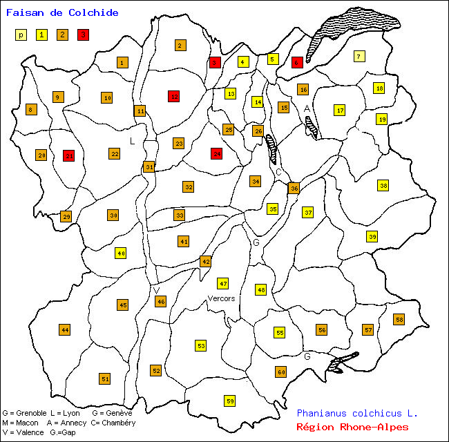 Carte des districts de Rhne-Alpes et rpartition d'une espce d'oiseau: Faisan de Colchide (Phanianus colchicus L.)