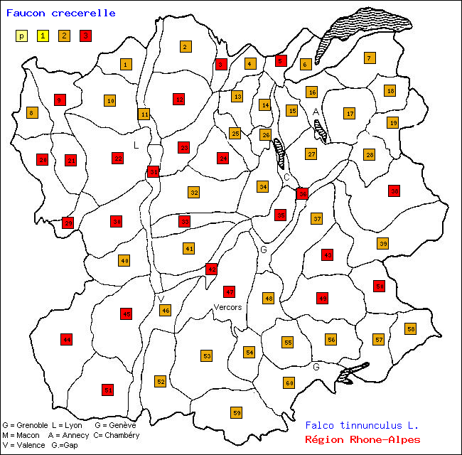 Faucon crcerelle - Falco tinnunculus L.. Carte de rpartition des oiseaux en rgion Rhne-Alpes