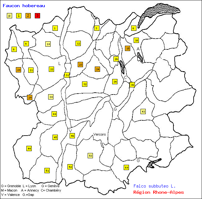 Carte des districts de Rhne-Alpes et rpartition d'une espce d'oiseau: Faucon hobereau (Falco subbuteo L.)