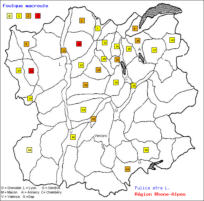 Carte des districts de Rhne-Alpes et rpartition d'une espce d'oiseau: Foulque macroule (Fulica atra L.)