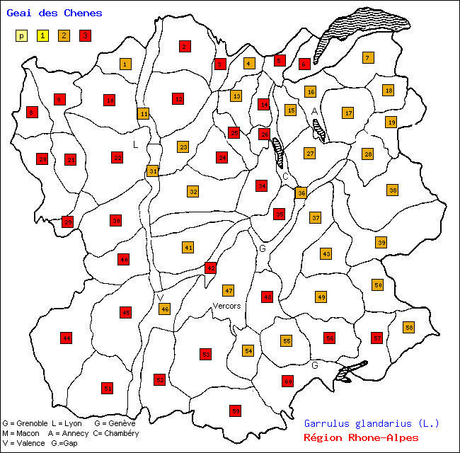 Carte des districts de Rhne-Alpes et rpartition d'une espce d'oiseau: Geai des Chnes (Garrulus glandarius (L.))