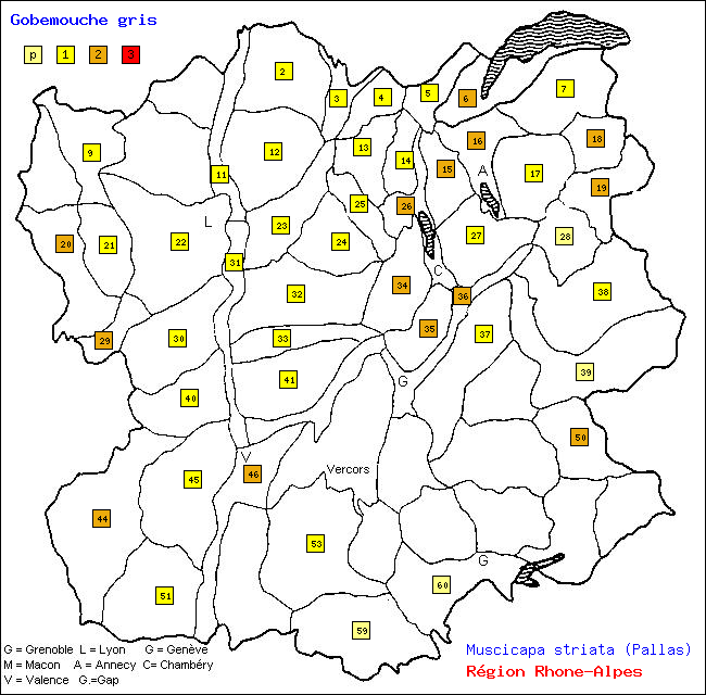 Carte des districts de Rhne-Alpes et rpartition d'une espce d'oiseau: Gobemouche gris (Muscicapa striata (Pallas))