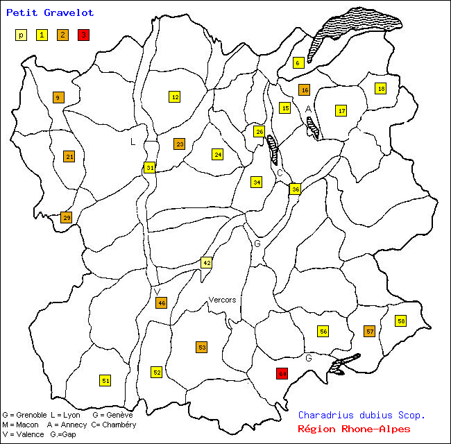 Carte des districts de Rhne-Alpes et rpartition d'une espce d'oiseau: Petit Gravelot (Charadrius dubius Scop.)