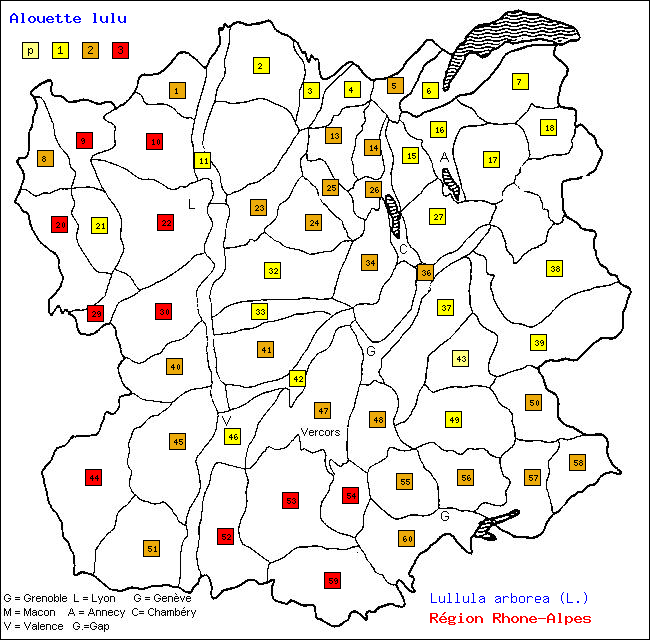 Alouette lulu - Lullula arborea (L.). Carte de rpartition des oiseaux en rgion Rhne-Alpes