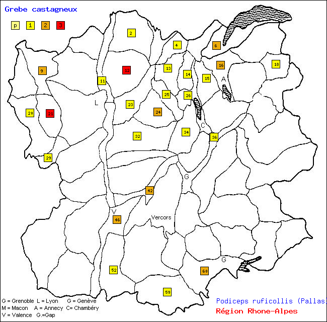 Carte des districts de Rhne-Alpes et rpartition d'une espce d'oiseau: Grbe castagneux (Podiceps ruficollis (Pallas))