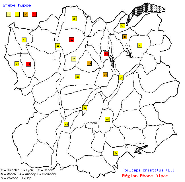 Grbe hupp - Podiceps cristatus (L.). Carte de rpartition des oiseaux en rgion Rhne-Alpes