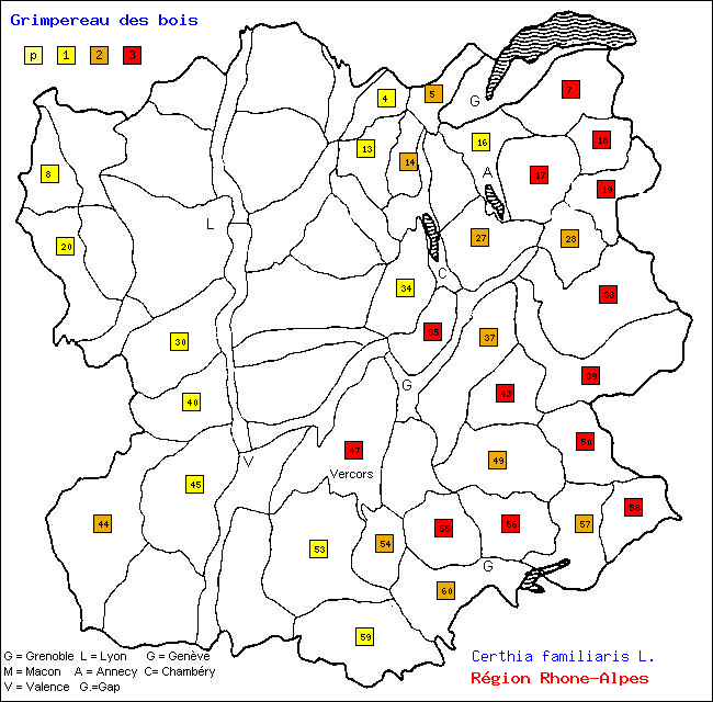 Carte des districts de Rhne-Alpes et rpartition d'une espce d'oiseau: Grimpereau des bois (Certhia familiaris L.)