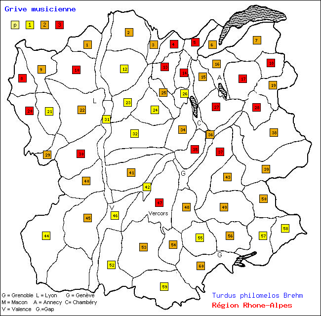 Grive musicienne - Turdus philomelos Brehm. Carte de rpartition des oiseaux en rgion Rhne-Alpes