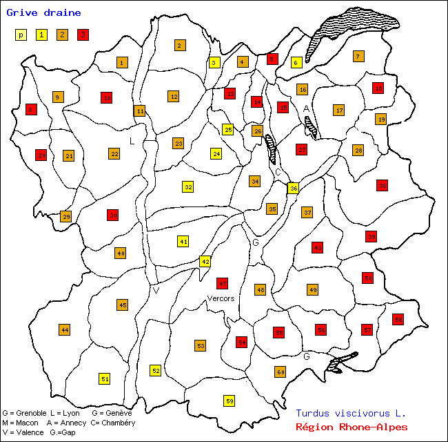 Carte des districts de Rhne-Alpes et rpartition d'une espce d'oiseau: Grive draine (Turdus viscivorus L.)