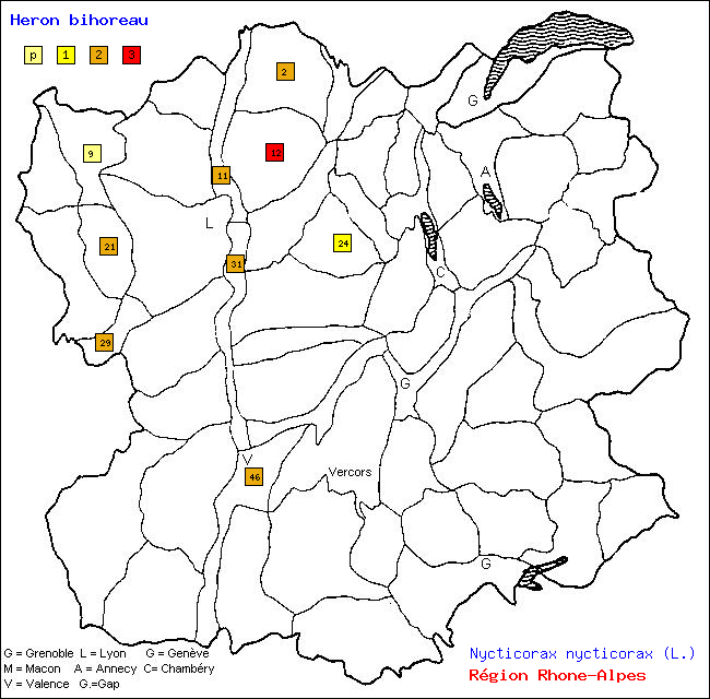 Hron bihoreau - Nycticorax nycticorax (L.). Carte de rpartition des oiseaux en rgion Rhne-Alpes