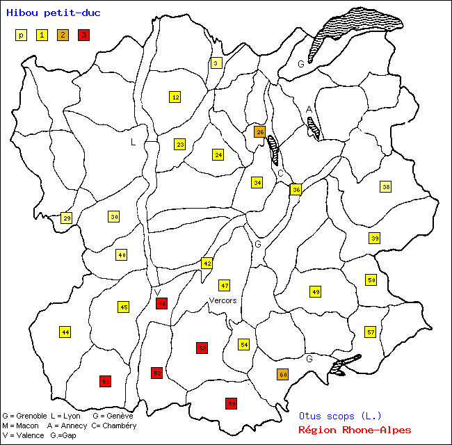 Hibou petit-duc - Otus scops (L.). Carte de rpartition des oiseaux en rgion Rhne-Alpes