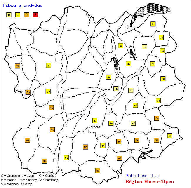 Hibou grand-duc - Bubo bubo (L.). Carte de rpartition des oiseaux en rgion Rhne-Alpes