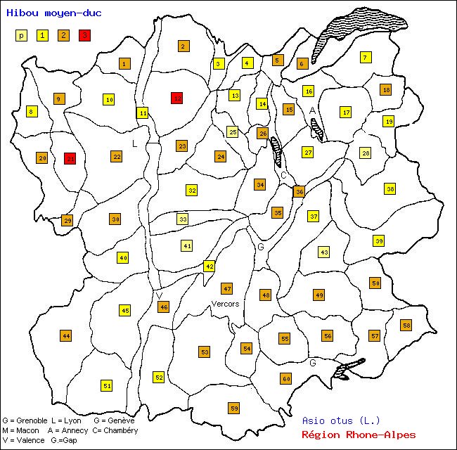 Hibou moyen-duc - Asio otus (L.). Carte de rpartition des oiseaux en rgion Rhne-Alpes