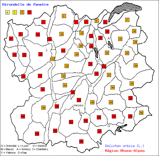 Hirondelle de fentre - Delichon urbica (L.). Carte de rpartition des oiseaux en rgion Rhne-Alpes