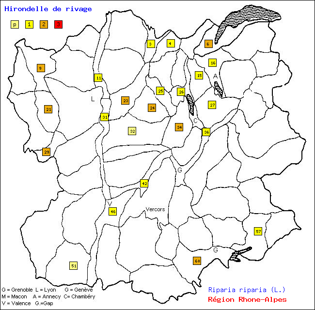 Carte des districts de Rhne-Alpes et rpartition d'une espce d'oiseau: Hirondelle de rivage (Riparia riparia (L.))