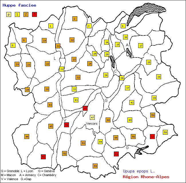 Huppe fascie - Upupa epops L.. Carte de rpartition des oiseaux en rgion Rhne-Alpes