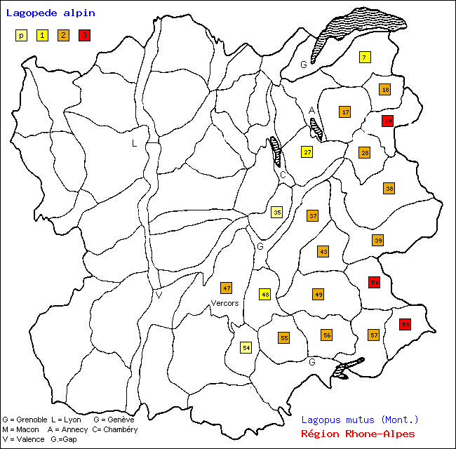 Lagopde alpin - Lagopus mutus (Mont.). Carte de rpartition des oiseaux en rgion Rhne-Alpes