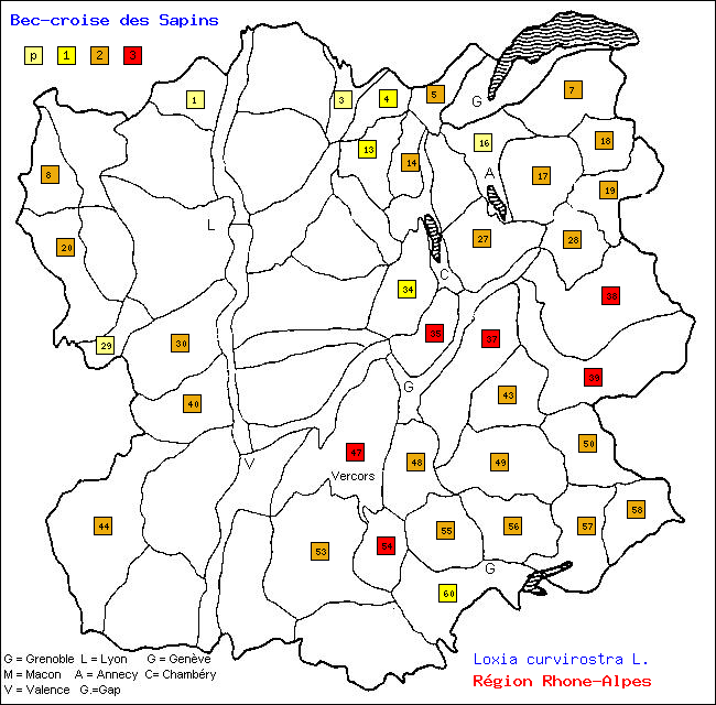 Carte des districts de Rhne-Alpes et rpartition d'une espce d'oiseau: Bec-crois des Sapins (Loxia curvirostra L.)
