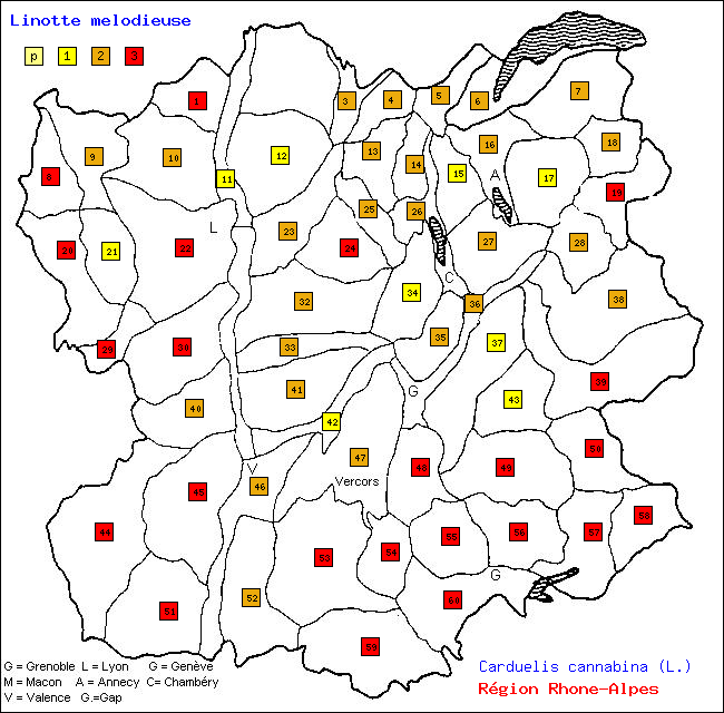 Carte des districts de Rhne-Alpes et rpartition d'une espce d'oiseau: Linotte mlodieuse (Carduelis cannabina (L.))