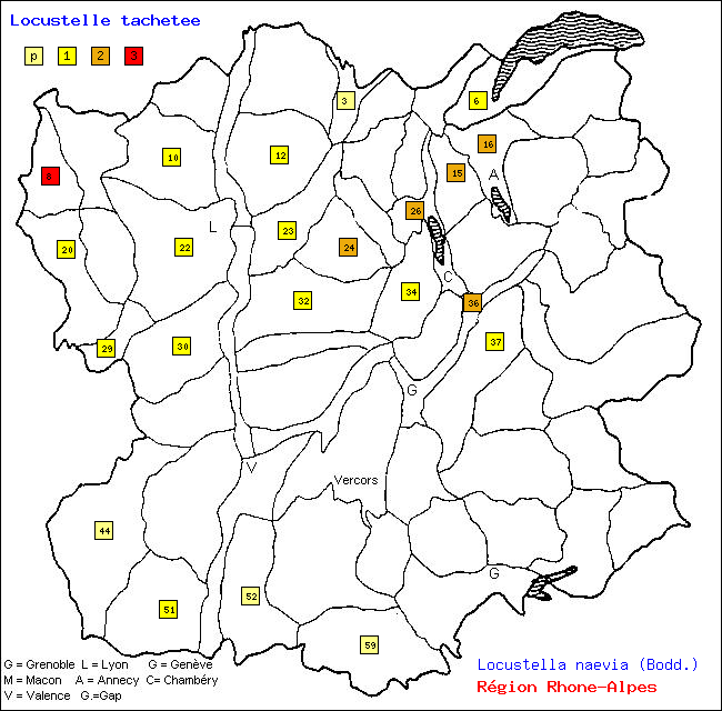 Locustelle tachete - Locustella naevia (Bodd.). Carte de rpartition des oiseaux en rgion Rhne-Alpes