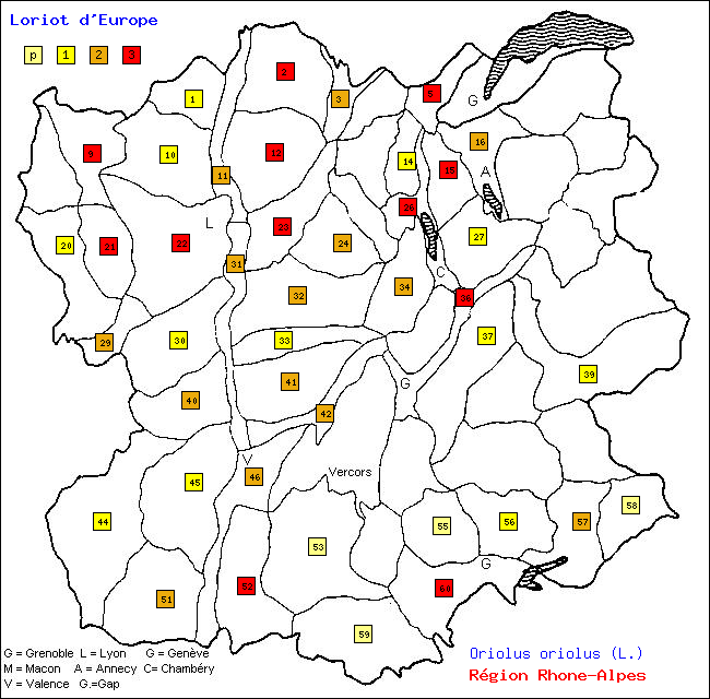 Loriot d Europe - Oriolus oriolus (L.). Carte de rpartition des oiseaux en rgion Rhne-Alpes