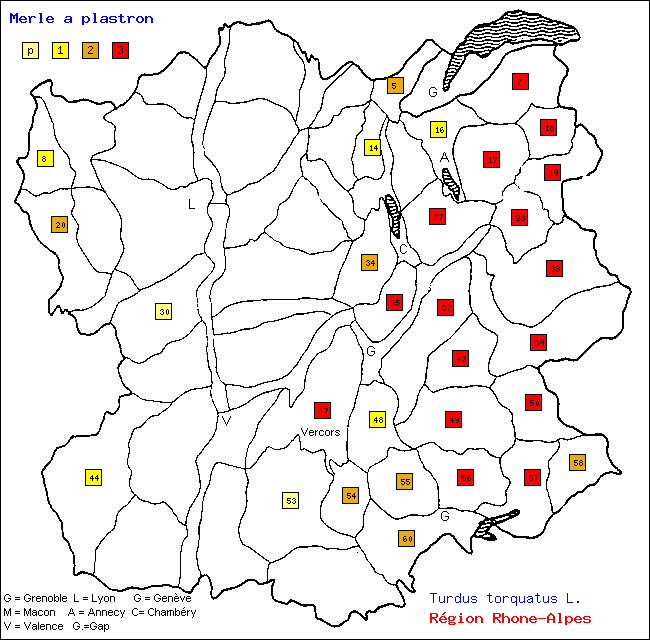 Carte des districts de Rhne-Alpes et rpartition d'une espce d'oiseau: Merle  plastron (Turdus torquatus L.)