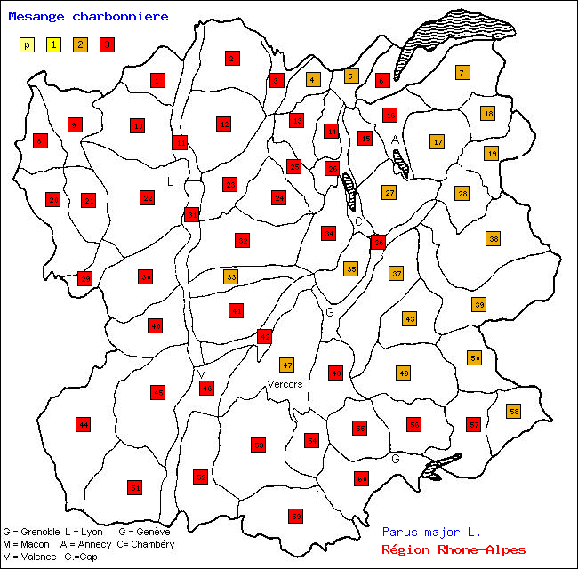 Msange charbonnire - Parus major L.. Carte de rpartition des oiseaux en rgion Rhne-Alpes