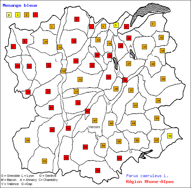 Msange bleue - Parus caeruleus L.. Carte de rpartition des oiseaux en rgion Rhne-Alpes