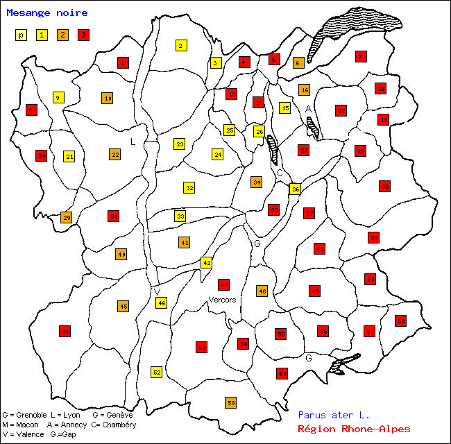 Carte des districts de Rhne-Alpes et rpartition d'une espce d'oiseau: Msange noire (Parus ater L.)