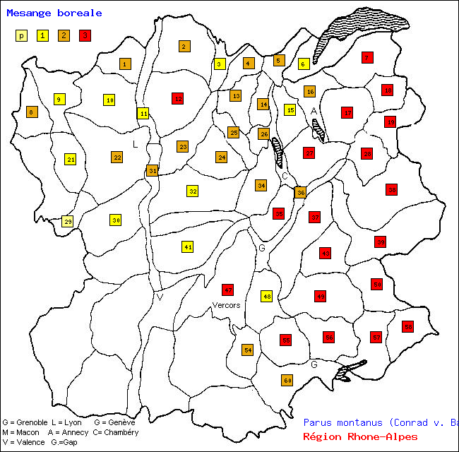 Msange borale - Parus montanus (Conrad v. Bald.). Carte de rpartition des oiseaux en rgion Rhne-Alpes