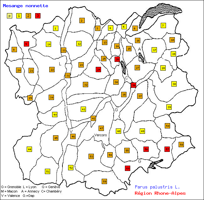 Msange nonnette - Parus palustris L.. Carte de rpartition des oiseaux en rgion Rhne-Alpes