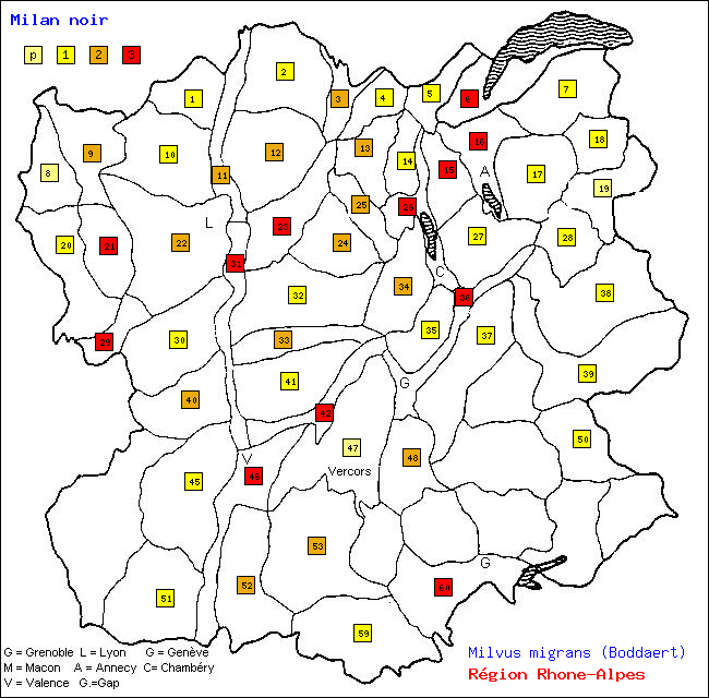 Milan noir - Milvus migrans (Boddaert). Carte de rpartition des oiseaux en rgion Rhne-Alpes