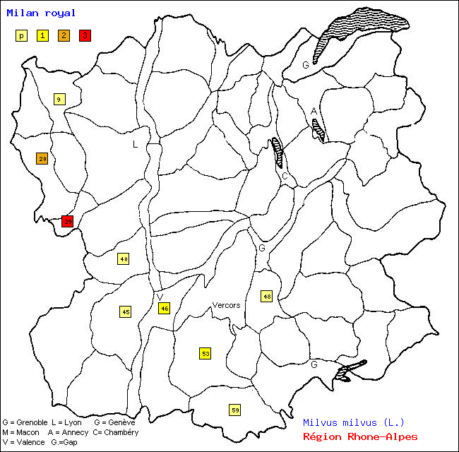 Carte des districts de Rhne-Alpes et rpartition d'une espce d'oiseau: Milan royal (Milvus milvus (L.))
