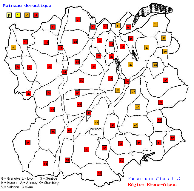 Moineau domestique - Passer domesticus (L.). Carte de rpartition des oiseaux en rgion Rhne-Alpes