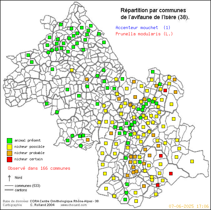 Carte de rpartition par communes en Isre d'une espce d'oiseau: Accenteur mouchet (Prunella modularis (L.)) selon Communes et cantons