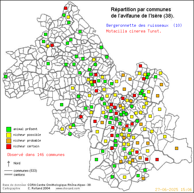 Carte de rpartition par communes en Isre d'une espce d'oiseau: Bergeronnette des ruisseaux (Motacilla cinerea Tunst.) selon Communes et cantons