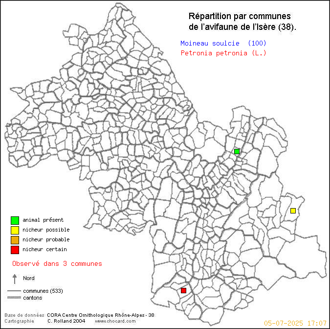 Carte de rpartition par communes en Isre d'une espce d'oiseau: Moineau soulcie (Petronia petronia (L.)) selon Communes et cantons