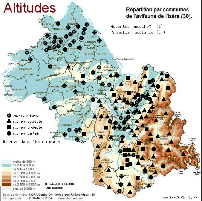 Carte de rpartition par communes en Isre d'une espce d'animal: Accenteur mouchet (Prunella modularis (L.)) selon Altitudes