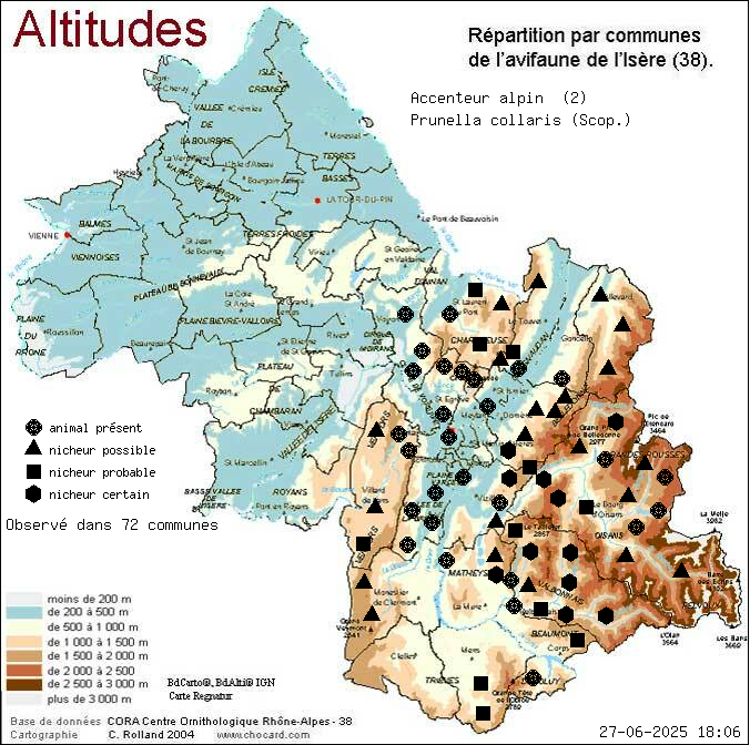 Accenteur alpin (Prunella collaris (Scop.)): carte de rpartition en Isre