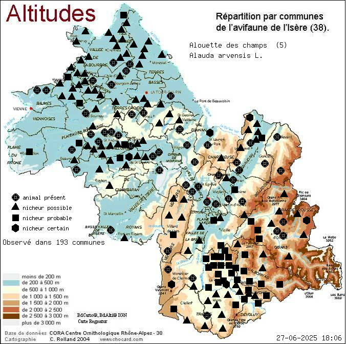 Alouette des champs (Alauda arvensis L.): carte de rpartition en Isre