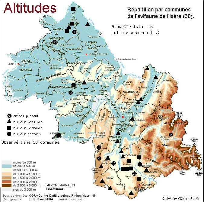 Carte de rpartition par communes en Isre d'une espce d'animal: Alouette lulu (Lullula arborea (L.)) selon Altitudes