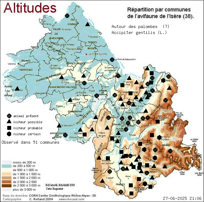 Autour des palombes (Accipiter gentilis (L.)): carte de rpartition en Isre