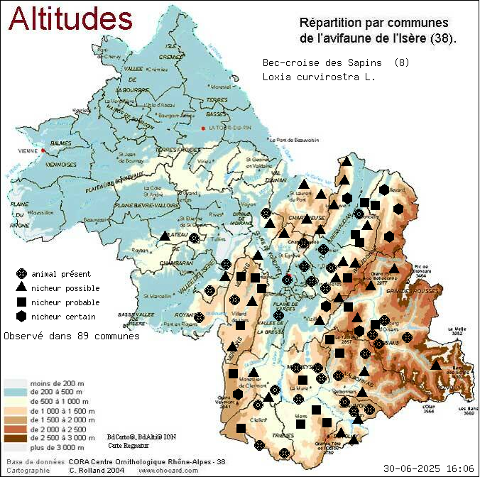 Carte de rpartition par communes en Isre d'une espce d'animal: Bec-crois des Sapins (Loxia curvirostra L.) selon Altitudes