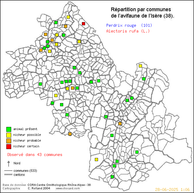 Carte de rpartition par communes en Isre d'une espce d'oiseau: Perdrix rouge (Alectoris rufa (L.)) selon Communes et cantons
