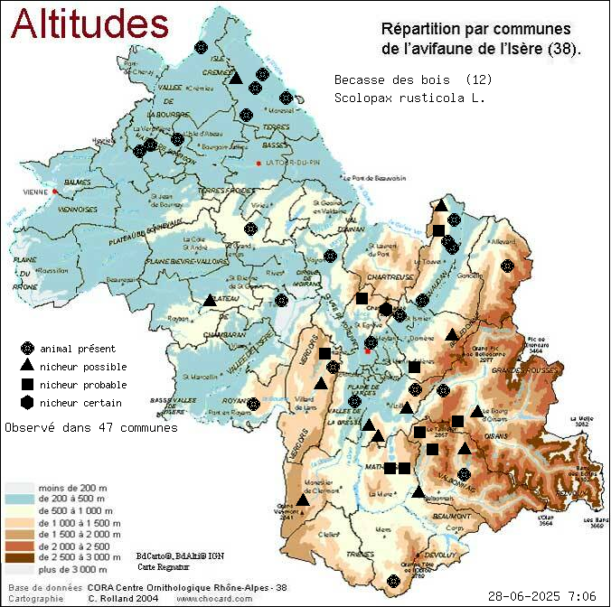 Carte de rpartition par communes en Isre d'une espce d'animal: Bcasse des bois (Scolopax rusticola L.) selon Altitudes