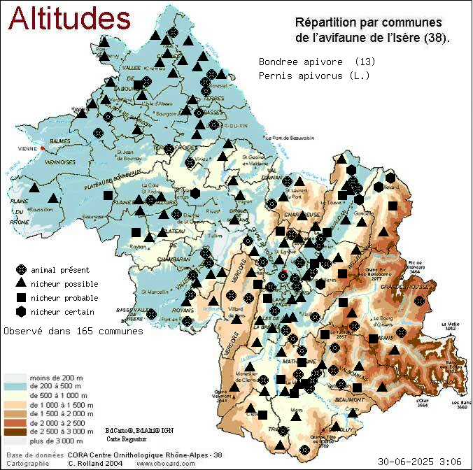 Carte de rpartition par communes en Isre d'une espce d'animal: Bondre apivore (Pernis apivorus (L.)) selon Altitudes