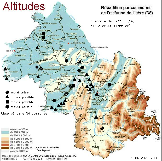 Carte de rpartition par communes en Isre d'une espce d'animal: Bouscarle de Cetti (Cettia cetti (Temmick)) selon Altitudes