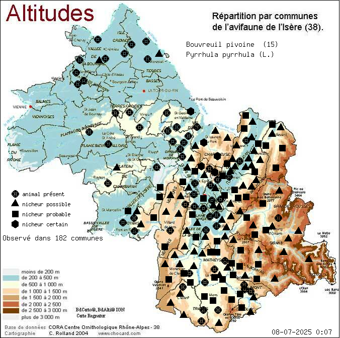 Carte de rpartition par communes en Isre d'une espce d'animal: Bouvreuil pivoine (Pyrrhula pyrrhula (L.)) selon Altitudes