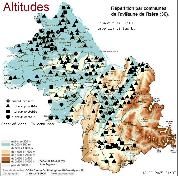 Carte de rpartition par communes en Isre d'une espce d'animal: Bruant zizi (Emberiza cirlus L.) selon Altitudes