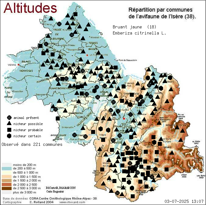 Carte de rpartition par communes en Isre d'une espce d'animal: Bruant jaune (Emberiza citrinella L.) selon Altitudes